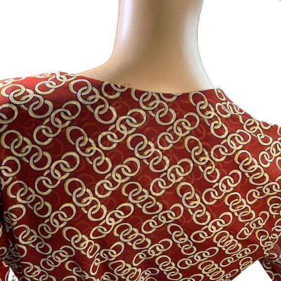 CAbi Red Geometric Long Sleeve Wrap Top Sz M Coach Cowgirl Chain Design Academia - Picture 9 of 15